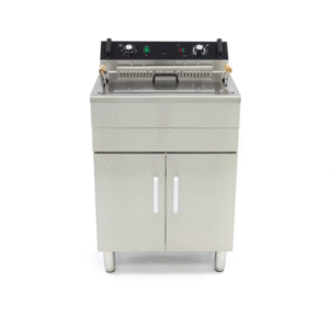 Friteuse 30L 1 panier avec robinet de vidange et support.